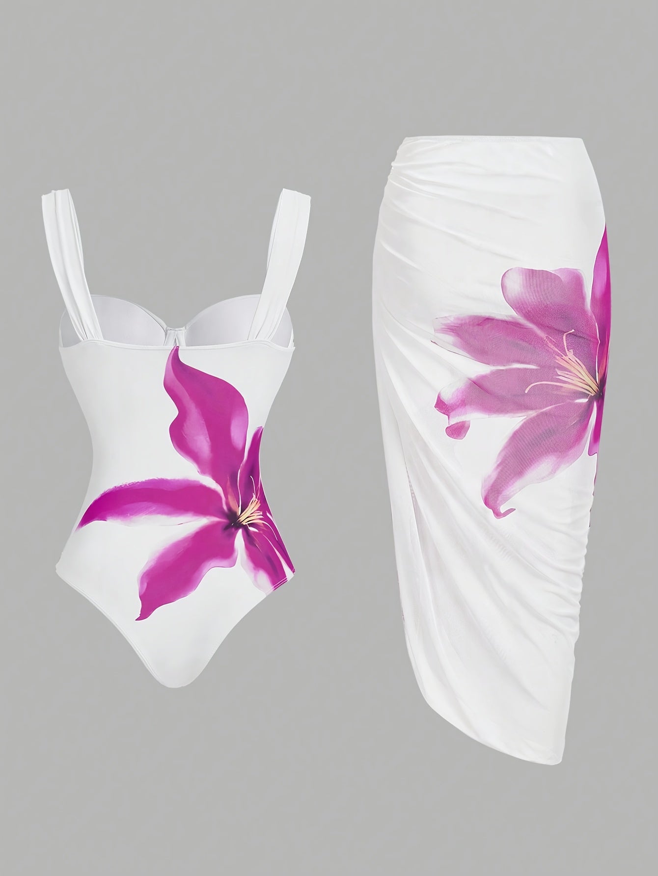 Two-piece Set of Fashionable Women's Floral Print Bodycon One-Piece Swimsuit with Mesh Halter